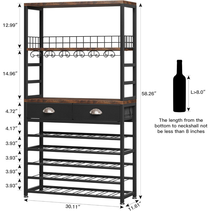 Стійка шафа для вина Homeiju, 4-ярусна, з полицями для лікеру та келихів, з підставкою для склянок, ящиком та місцем для вина, для вітальні/кухні (ретро-чорний/коричневий)