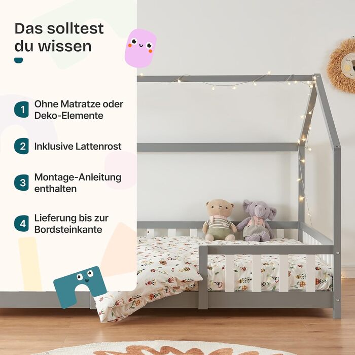 Ліжко дитяче Sisimiut Montessori 140x200 см з бар'єром. Дерев'яне ліжко для дітей, підлога, ламелі, сосна, світло-сірий/білий, без матрацу