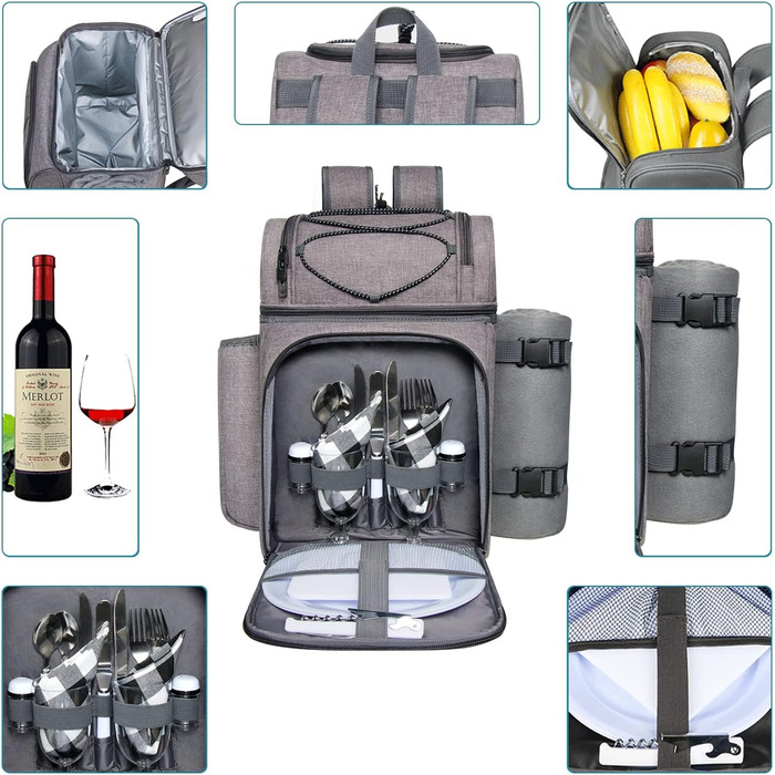 Набір для пікніка на 2 особи Hap Tim: рюкзак з аксесуарами, ковдра, столовий приладдя, сірий