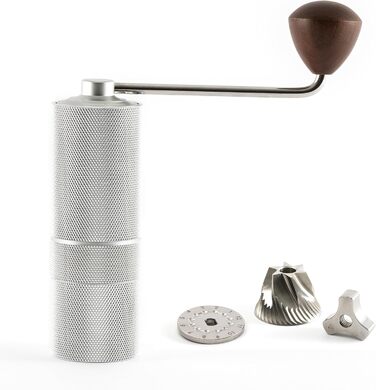 Ручна кавомолка з прецизійним жорновим механізмом з нержавіючої сталі та дерев'яним ручним грифом - для еспресо, з нержавіючої сталі (срібляста матова)