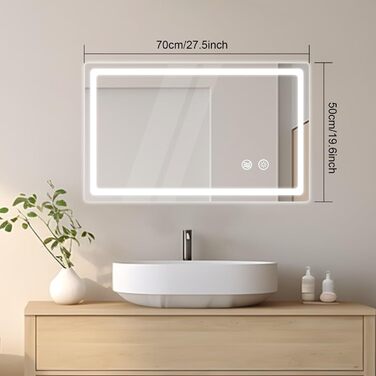 LED дзеркало для ванної кімнати KLGFI з підсвіткою, сенсорним вимикачем та функцією антизапар, 50 x 70 см