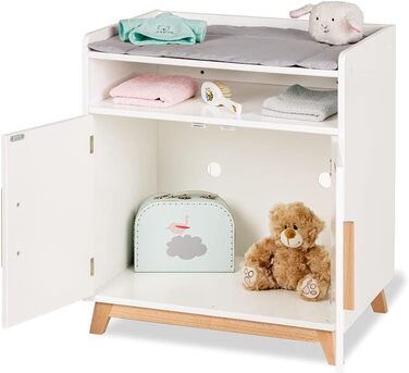 PINOLINO Столик для переодягання ляльок Marit, дерев'яні меблі для ляльок, скандинавський стиль, білий, з блискучим лаком, з пелюшкою, 2 дверцята, 1 полиця, для дітей від 2 років, 52x40x59 см