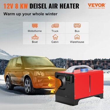 Автономний дизельний опалювач VEVOR 12V 8kW з LCD-дисплеєм, пультом дистанційного керування та Bluetooth, 10м, 0.16-0.52 л/год
