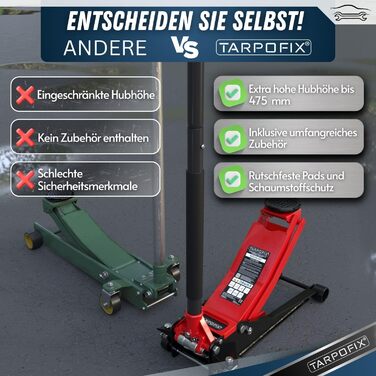 Гідравлічний домкрат Tarpofix® для легкових авто та SUV (3т, 85-475мм), низькопрофільний, подвійний циліндр, червоний