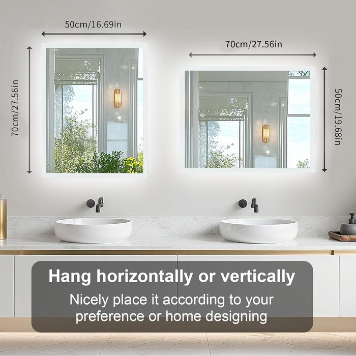 Дзеркало для ванної кімнати LUVODI з підсвічуванням 40x50 см: регульоване LED дзеркало з 3 кольорами світла, 2 сенсорні кнопки, запобігає запотіванню, водонепроникне, монтаж на стіну (70L x 50B см)