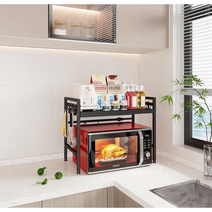 Регульована полиця для мікрохвильової печі, розширювана підставка-органайзер для кухні, з 8 гачків, (2 шт., 2-рівнева, чорна)