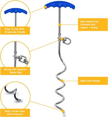 Петфабет причальний кілочок спіраль з повідцем для собак 6 м наземний якір якір заземлення з біговою доріжкою, причальний кілочок з прив'язним повідцем для собак на відкритому повітрі і в саду 6 м Синій
