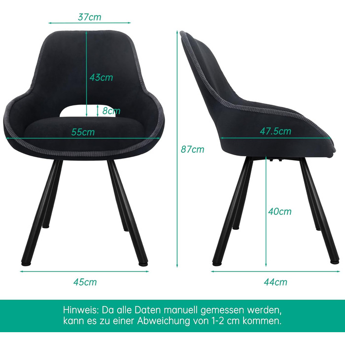 Набір з 6 обертових кухонних стільців, чорного кольору, з низькими підлокітниками, 180° оберт, автоматичне вирівнювання