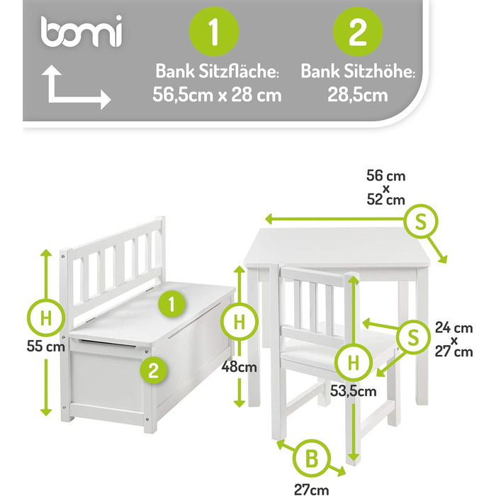 Дитячий меблевий набір Bomi Anna: стіл, 2 стільці та лавка-сховище | Меблі для дитячої кімнати з FSC сертифікованого дерева | Білий