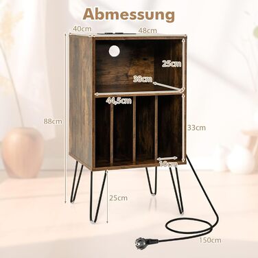 Підставка для програвача COSTWAY з зарядкою, 3-рівнева, для зберігання вінілових платівок з полицею та 4 роздільниками, 48 x 40 x 88 см (індустріальний стиль)