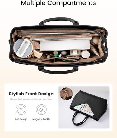 LOVEVOOK Сумка для ноутбука 15.6 дюймів, жіноча, велика, шкіряна, на плечі, для роботи, навчання, офісу, універсальна, чорна