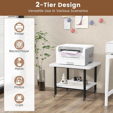 Стіл для принтера HOMASIS з 2 ящиками, стійка для принтера з 4 колесами та 2 гальмами, вантажопідйомність 55 кг, підставка для принтера, офісний візок для дому та офісу (білий+чорний)