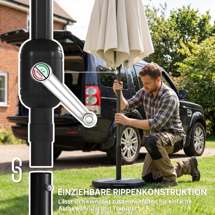 Сонячний парасолька приблизно Ø300 см, регульована, балконний парасоль з ручним механізмом, хрестовина, мішок з піском, захист від ультрафіолету 30+, згортається, кремово-білий