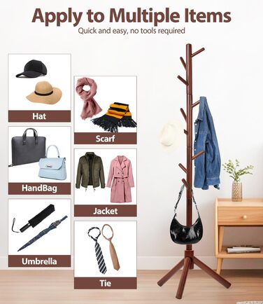 Дерев'яний вішак для одягу з буку, 9 гачків, 3 положення по висоті, для одягу, шапок, шарфів, сумок (білий/коричневий)