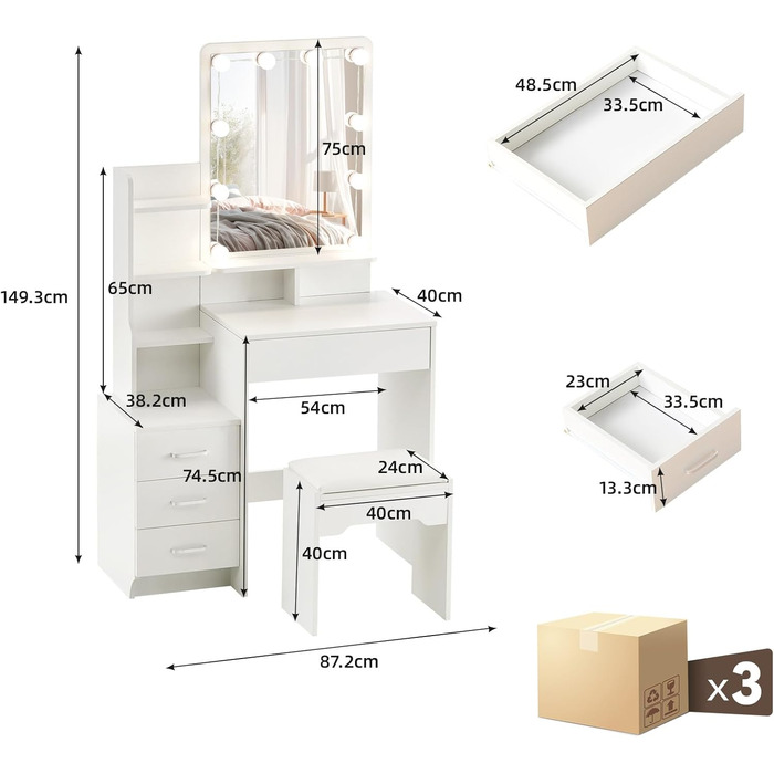 Тюльпанний туалетний столик TUKAILAI з LED-підсвічуванням та пуфом, дзеркало з 3 кольорами, компактний столик для макіяжу з шухлядою та відкритими полицями, 87x40x149 см