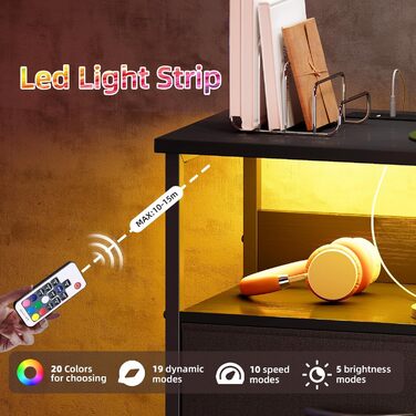 Тумба приліжкова Somdot з LED-підсвіткою та зарядкою, чорна, 3 тканинні шухляди, 2 розетки, 2 USB, металевий каркас, для спальні
