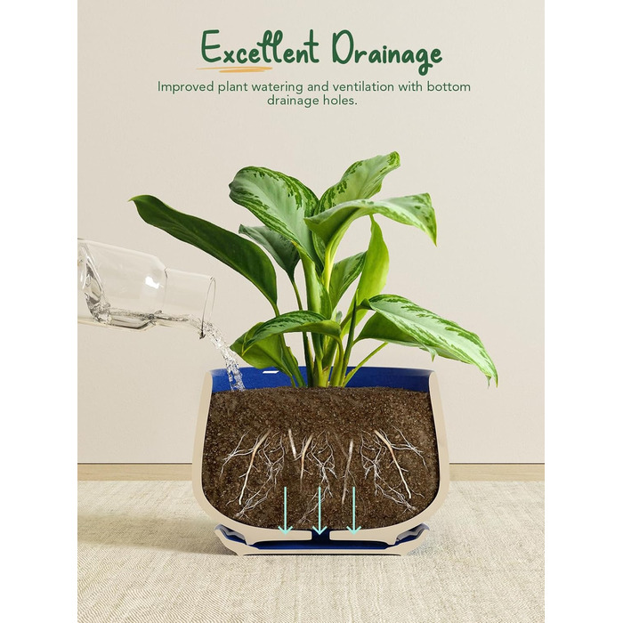 Керамічні горщики LE TAUCI з підставкою, 10+13+16 см, набір з 3 горщиків для кімнатних рослин, з дренажним отвором, колір Сафіровий Блакитний