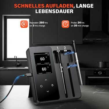 Бездротовий термометр для м'яса з 2 зондами, великий LCD-дисплей, Bluetooth, 130м, термометр для приготування на грилі, BBQ, духовки, гриля, коптильні, сковороди, фритюрниці, водонепроникний IP67