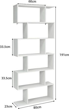 Книжкова шафа GIANTEX 6 рівнів, стояча полиця Офісна полиця дерев'яна, окремо стояча полиця для зберігання, полиця для зберігання вітрин вузька в промисловому дизайні, дерев'яна полиця універсальна S-подібна полиця (біла)