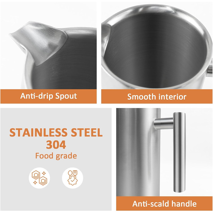 Френч-прес Dixmas для кави, нержавіюча сталь, 350 мл (2 чашки), термоізольований, двостінний