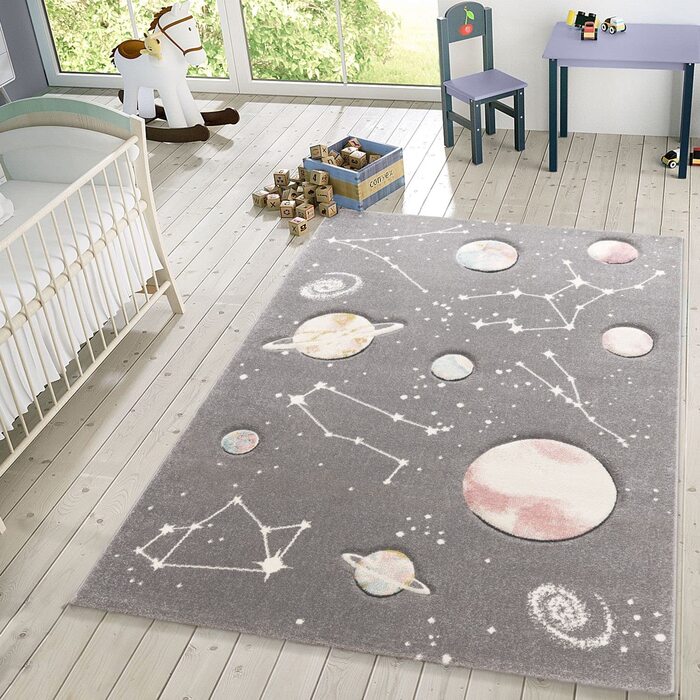 Домашній дитячий килимок TT, ігровий килимок з планетами і зірками, для дитячої кімнати сірого кольору, Розмір (80 х 150 см)