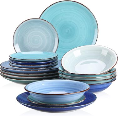 Сервіз для столу з керамограніту, комбінований сервіз Vancasso BONITA з 36 предметів, 12 наборів посуду, 12 обідніх тарілок, миски для супу та десертні тарілки кожна (синя серія, обідній сервіз із 18 предметів)