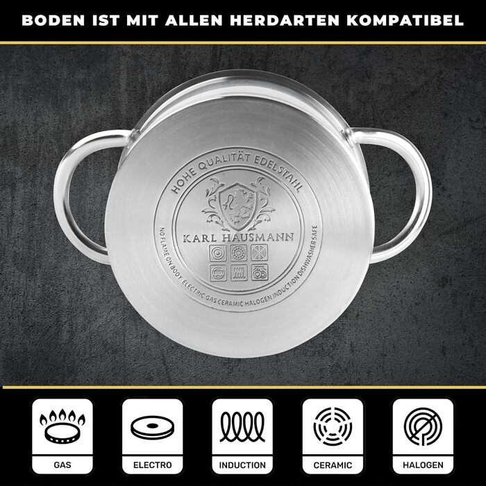 Нержавіюча каструля Karl Hausmann 3.6L, Ø 20 см - каструля з нержавіючої сталі з кришкою для всіх типів плит (індукція)