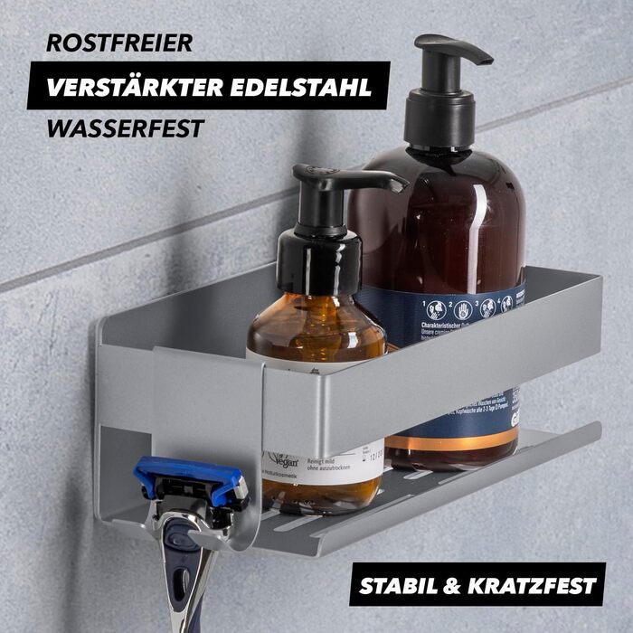 Набір душових полиць BENKSTEIN (2 шт.) | Полиці для душу з кріпленням на клей або свердління | Корзинка для душу без свердління | Тримач для гелю для душу та шампуню | Організатор для ванної кімнати, полиця для душу, срібна, 2 шт.