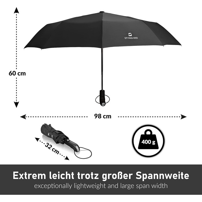 Складна парасолька STYNGARD Stormproof 140 км/год - відкрита автоматично, тефлонове покриття, довга ручка, чорний