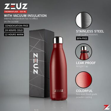 Термос преміум-класу з нержавіючої сталі ZEUZ і пляшка для води - Пляшка для води з соломинкою - Без бісфенолу А - 500 мл - Матовий червоний