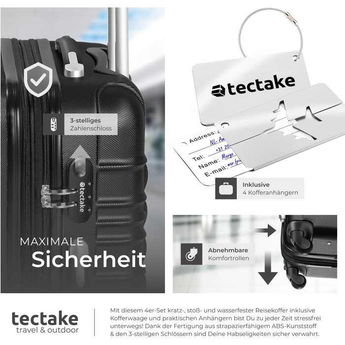 Набір валіз Tectake 4шт: S, M, L, XL з ABS пластику, з колесами, телескопічним ручками та замками. В комплекті вагова шалька та аксесуари для валіз. Чорний колір.