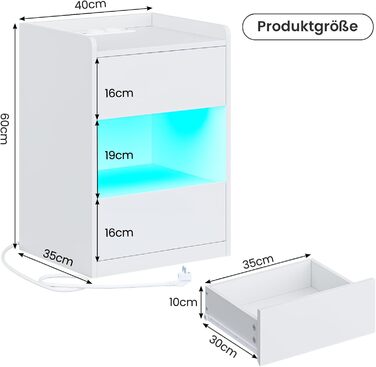 Нічний столик AOGLLATI з LED-підсвічуванням та зарядкою, 2 шухляди та полиця, білий (40x35x60 см)