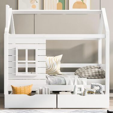 Дитяче ліжко 80x160 см з ящиками та віконцем, масивне дерев'яне ліжко з бортиками та ламелями, ліжко-будиночок для хлопчиків та дівчаток, ліжко-будиночок, ліжко для підлітків, без матраца, біле