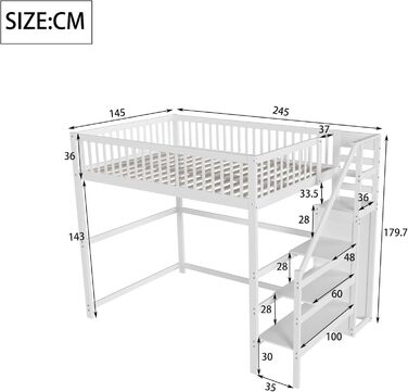 Ліжко-горище Merax для односпального матраца 140x200 см з шафою та сходами, масивне дерево, білий колір (без матраца)