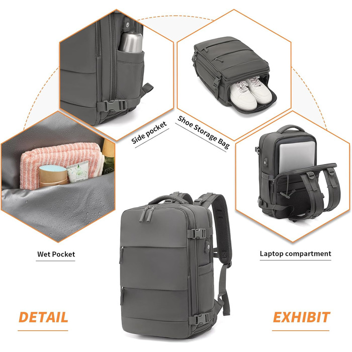 Рюкзак KONO для ручної поклажі 42x30x20, 25L, з відділом для ноутбука, сірий, для подорожей та спорту