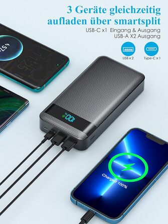 Швидкий зарядний пристрій 22,5 Вт PD20W, USB C, LED-дисплей, 3 виходи, 2 входи, портативний, 26800mAh