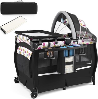 Дитяче туристичне ліжко COSTWAY 5 в 1 з матрацом, бебі-ліжко, ліжко-гойдалка з регульованим козирком, пеленальний столик, музична іграшка та сумка, до 15 кг