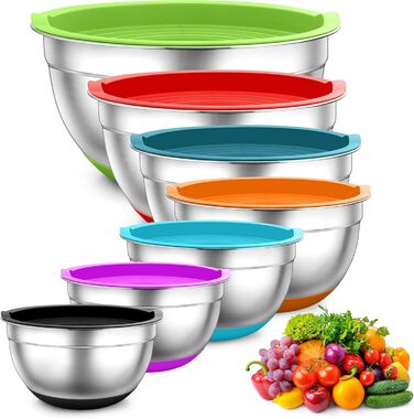 Набір мисок TEAMFAR з нержавіючої сталі: салатовники з кришкою та силіконовим дном (0.7-6.5л), 7 шт.