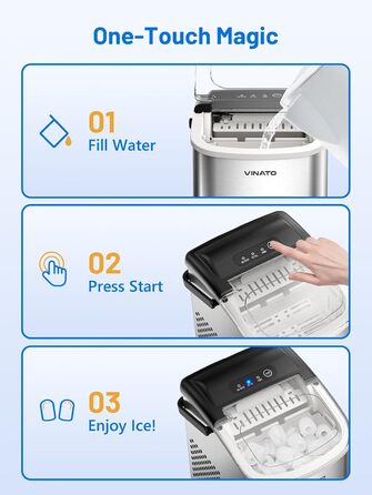 VINATO Льодогенератор портативний для дому та офісу, 12 кг/24 год, срібний. Швидке виробництво льоду (6-8 хв), з лопаткою та кошиком.