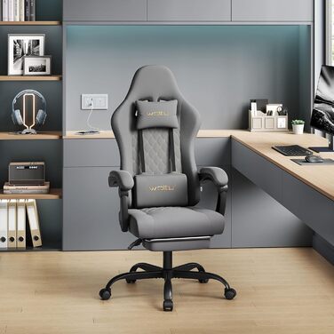 Ігровий крісло WOLTU з масажем, комп'ютерне ергономічне крісло, кишенькові пружинні подушки, масаж попереку, підголовник, підніжка, поворотне крісло, 150 кг, сітчаста тканина, сірий+жовтий