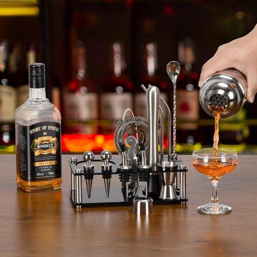 Набір для коктейлів Cinnani 750 мл зі стійкою, 15 предметів, нержавіюча сталь - професійний набір бармена для приготування коктейлів, подарунковий комплект