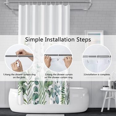 Штора для душу 180x220 см, антигрибкова, з тропічним дизайном (зелені пальмові листя, евкаліпт, гриби), водонепроникна, поліестер, для ванної кімнати, з 12 гачками