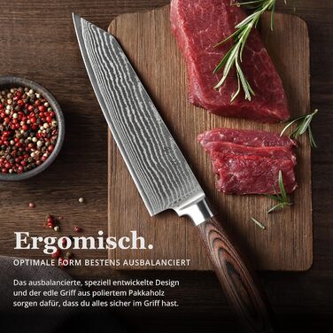 Японський ніж Wakoli EDIB Kiritsuke з дамаської сталі (серцевина VG10), 20 см – професійний кухонний ніж для точних нарізок, з ручкою з паккавуду, у подарунковій коробці (без гравію)