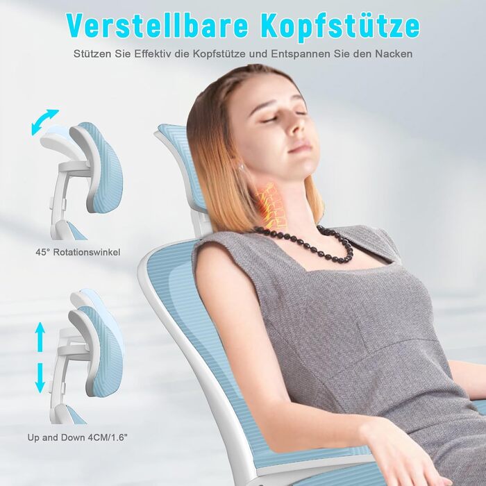 Ергономічне офісне крісло Naspiro з сітчастою спинкою, регульованими підлокітниками, підголівником, поперековою підтримкою, регулюванням висоти, поворотним механізмом 360°