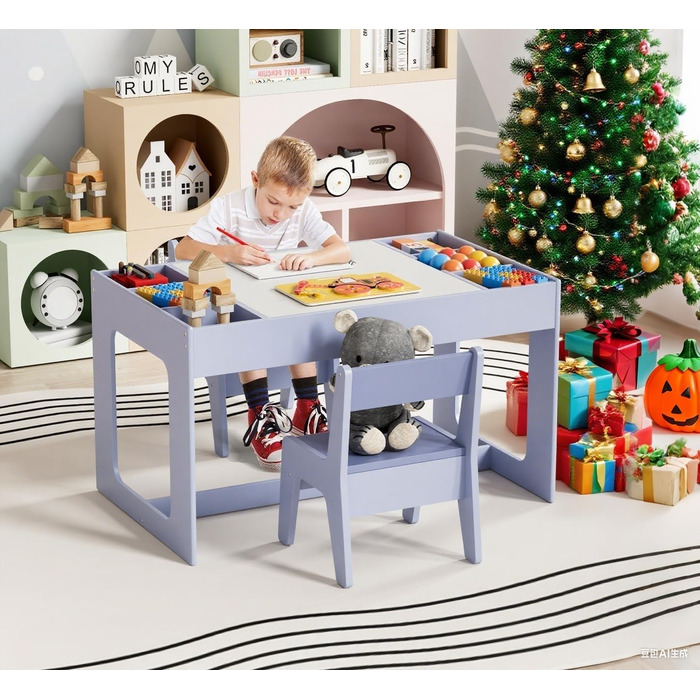 Дитячий стіл та комплект стільців Mamizо з місцем для зберігання, блакитний. Підходить для дитячої кімнати, школи, дитячого садка, від 3 років.