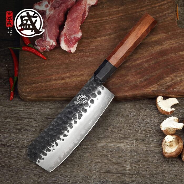 Японський кухонний ніж MITSUMOTO SAKARI з ручкою з рожевого дерева (19 см), ручна ковка, високоякісна сталь