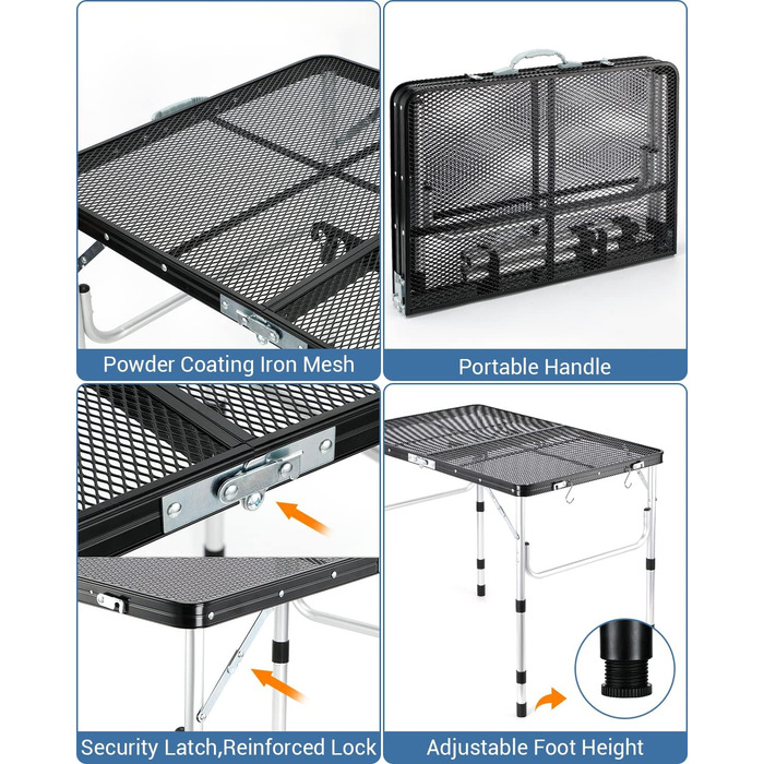 Розкладний стіл для кемпінгу, 90x60 см алюмінієвий кемпінговий стіл Максимальне навантаження 31,8 кг, Кемпінговий стіл регулюється по висоті (40 см, 60 см і 70 см) для пікніка Гриль Приготування їжі Сад Походи Подорожі Чорний