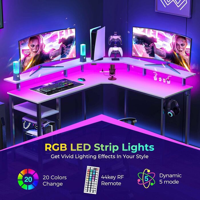 Комп'ютерний стіл Rolanstar L-подібний з RGB підсвічуванням та розетками, геймінговий стіл з реверсивним кутом, полицею та 2 гачками, для офісу, робочого кабінету, спальні (117см), білий (137 x 72 x 117 см)