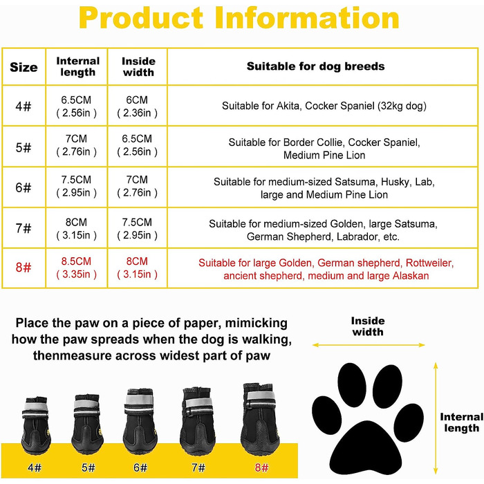 Взуття для собак Faankiton з 4 предметів захист лап, водонепроникне взуття для собак з нековзною підошвою і світловідбиваючим ремінцем для собак середнього і великого розміру (8 (Д * Ш) 8,5 см (3,35 дюйма)*8,0 см (3,15 дюйма))