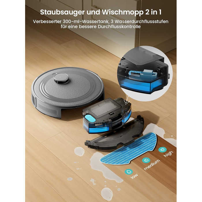 Робот-пилосос LEFANT M2 з функцією миття, 6000Pa, LiDAR-навігація, зони заборони, керування через APP/Alexa, для шерсті тварин, килимів та твердих підлог